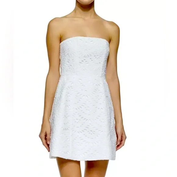 Alice + Olivia White Strapless Fit & Flare Eyelet Lace Mini Dress - Picture 1 of 13